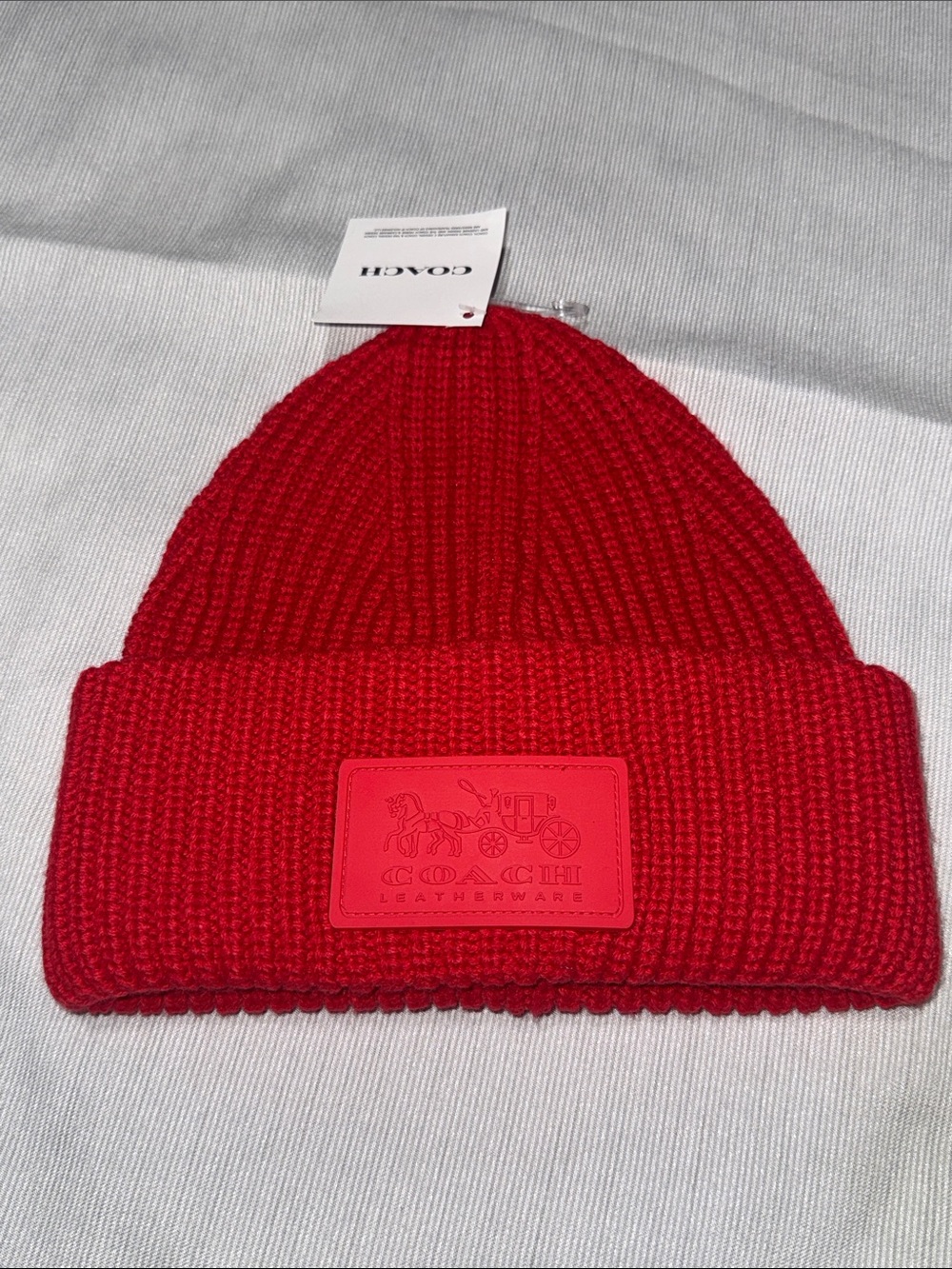 NWT Coach Sport Red Wool Blend Patch Ribbed Knit Beanie Hat OS